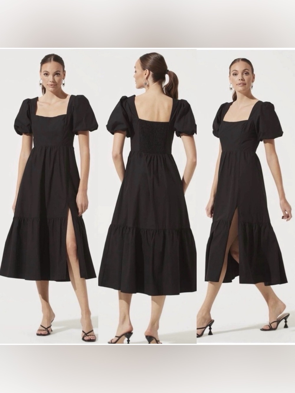 ASTR the label: Zoe Black Poplin Puff-Sleeve Midi Dress with Square Neck &Slit